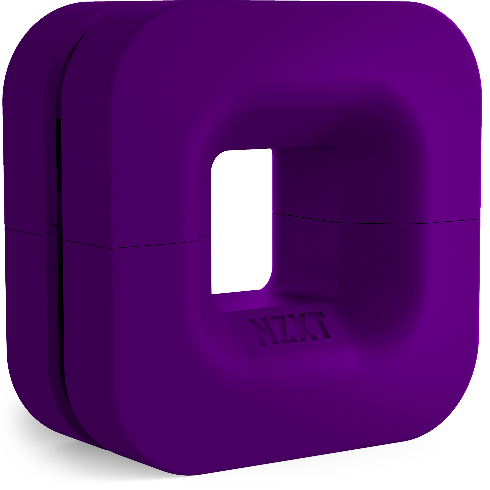 The NZXT Puck is a square, purple accessory with rounded edges and a hollow center, perfect for headset mounting or cable management. It has NZXT embossed below the opening and features a smooth matte finish.