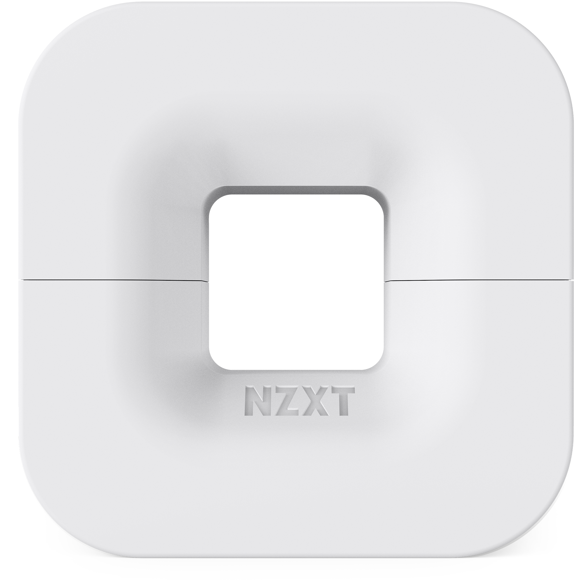 The NZXT Puck is a white, rounded square device with a recessed center and an embossed logo below the opening—perfect as a discreet mount for VR headsets or headphones.