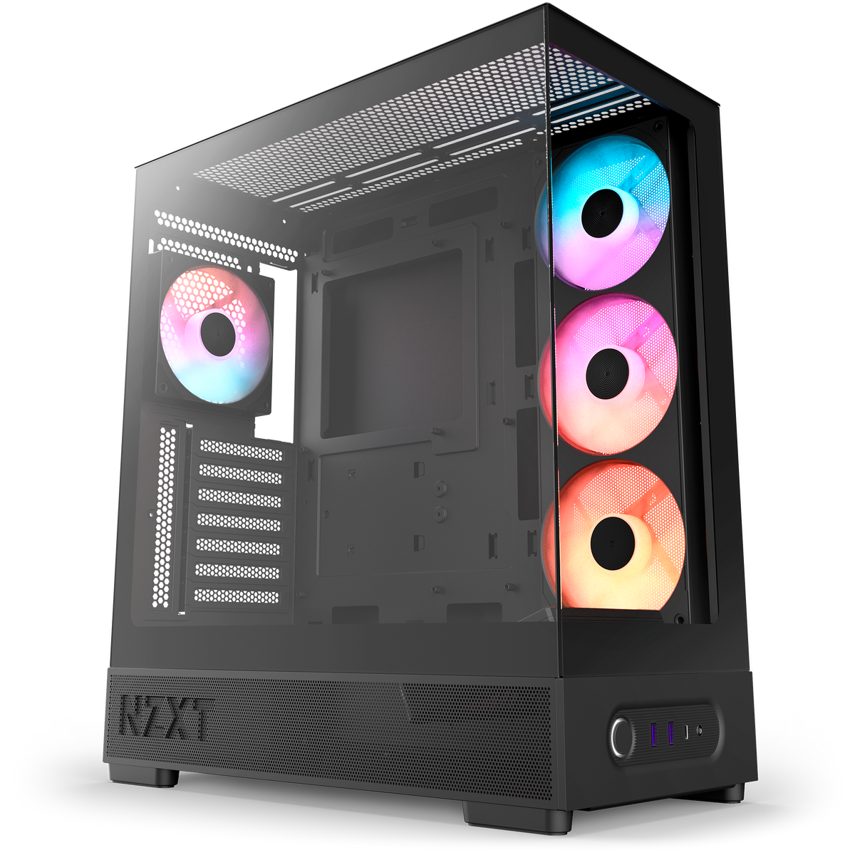 NZXT S5 RGB Deluxe black, three-quarter hero view with all five pre-installed RGB fans lit at the side, bottom and rear