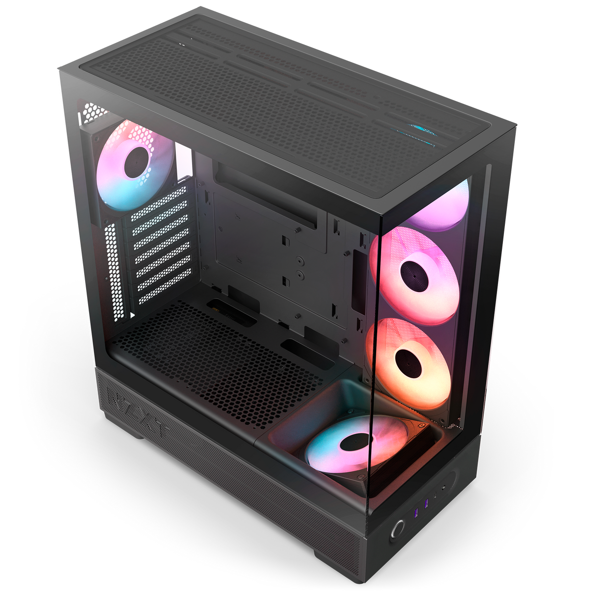 NZXT S5 RGB Deluxe black, overhead view showing the filled side, bottom and rear fan mounts