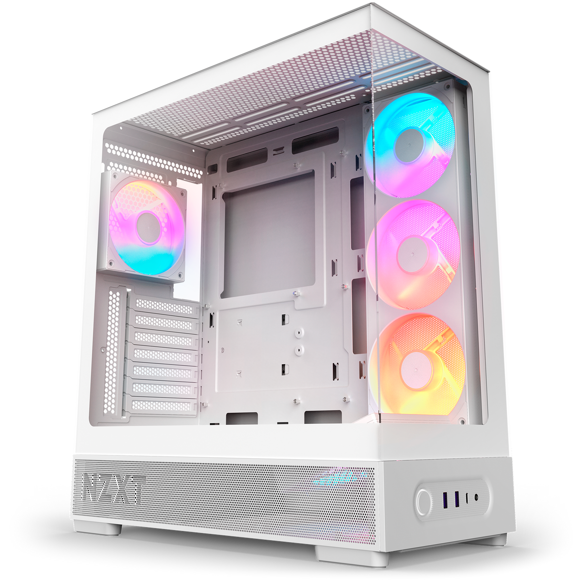 NZXT S5 RGB Deluxe white, three-quarter hero view with all five pre-installed RGB fans lit at the side, bottom and rear