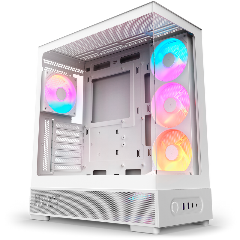 NZXT S5 RGB Deluxe white, three-quarter hero view with all five pre-installed RGB fans lit at the side, bottom and rear