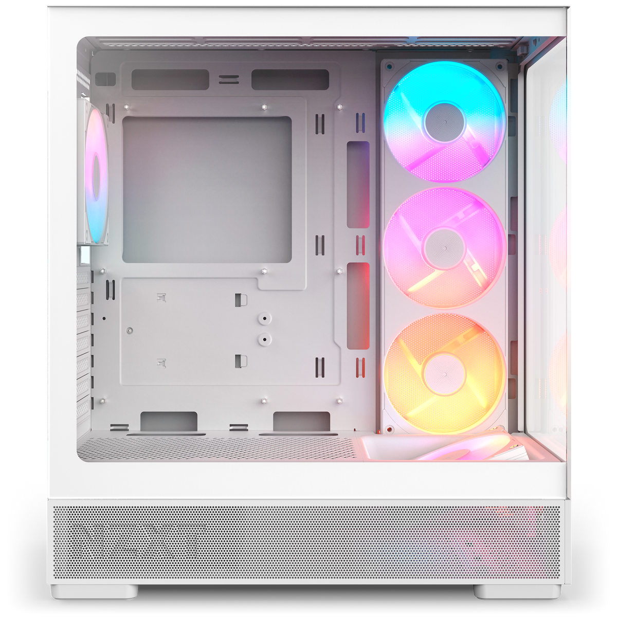 NZXT S5 RGB Deluxe white, left side view through the tempered glass with the side and bottom reverse fans lit