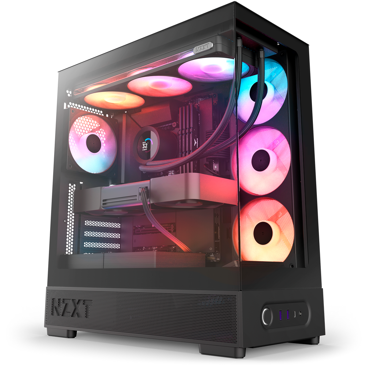 NZXT S5 RGB black shown in a completed build, with an AIO cooler, graphics card and additional RGB fans installed behind the panoramic glass. Components other than the case and its 360 mm RGB reverse fan are sold separately.
