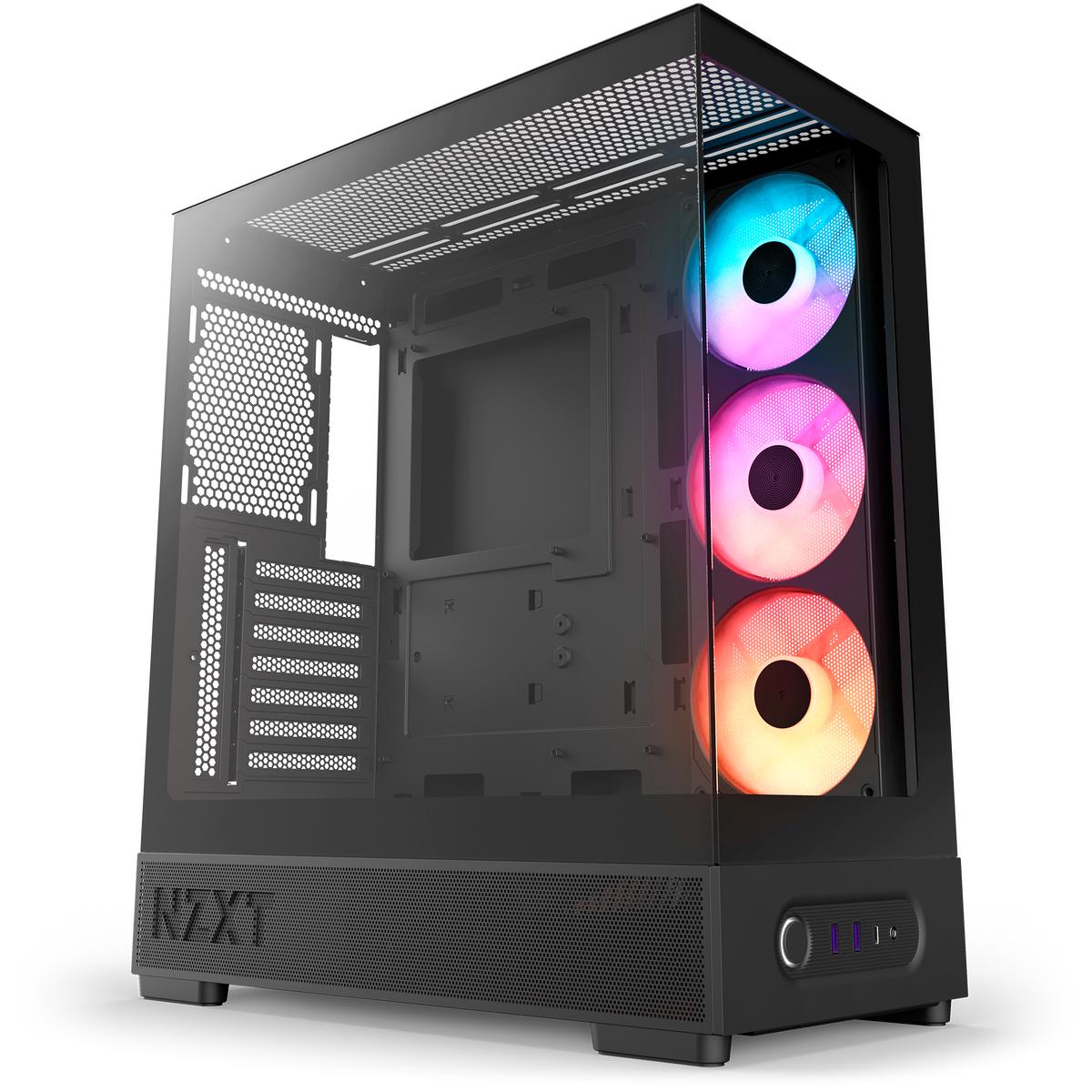 NZXT S5 RGB black, hero angle with the 360 mm single-frame RGB reverse fan showing clean blades through the panoramic glass