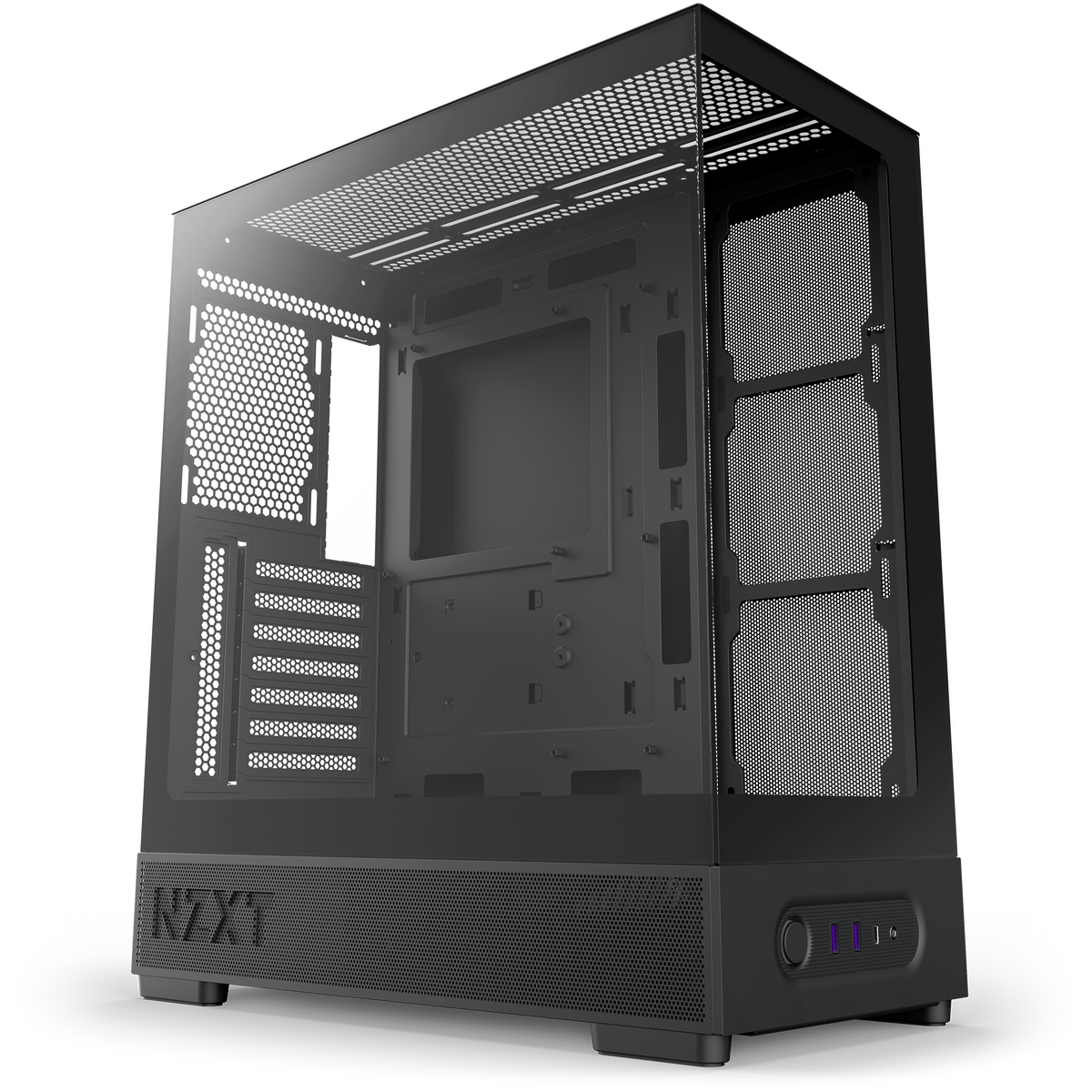 NZXT S5 RGB black, hero angle of the bare steel chassis and dual tempered glass