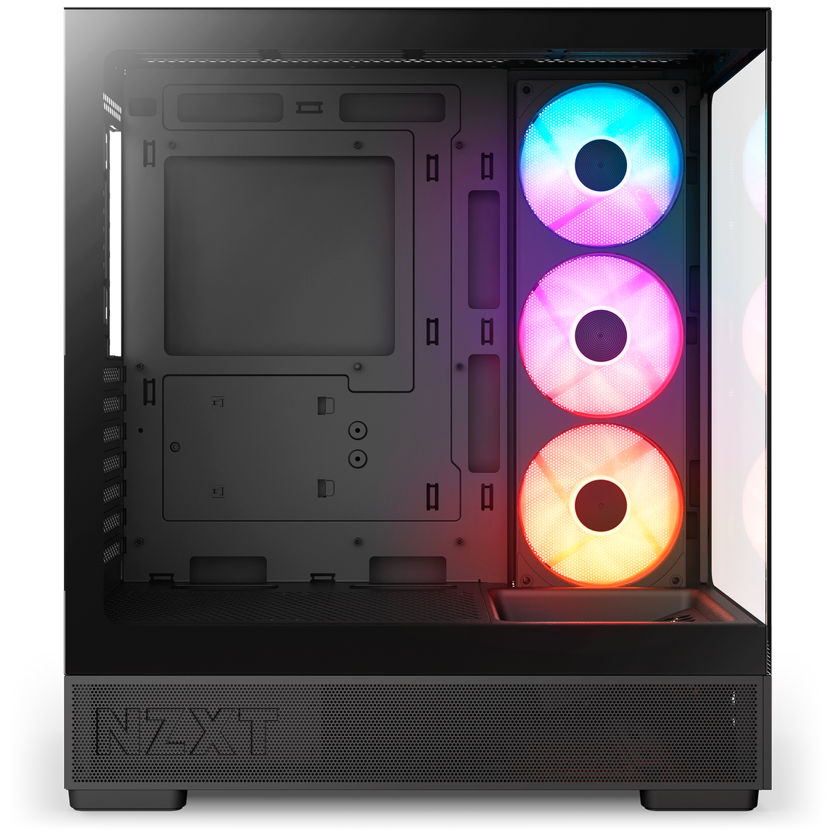 NZXT S5 RGB black, left side view with the 360 mm single-frame RGB reverse fan turned toward the glass
