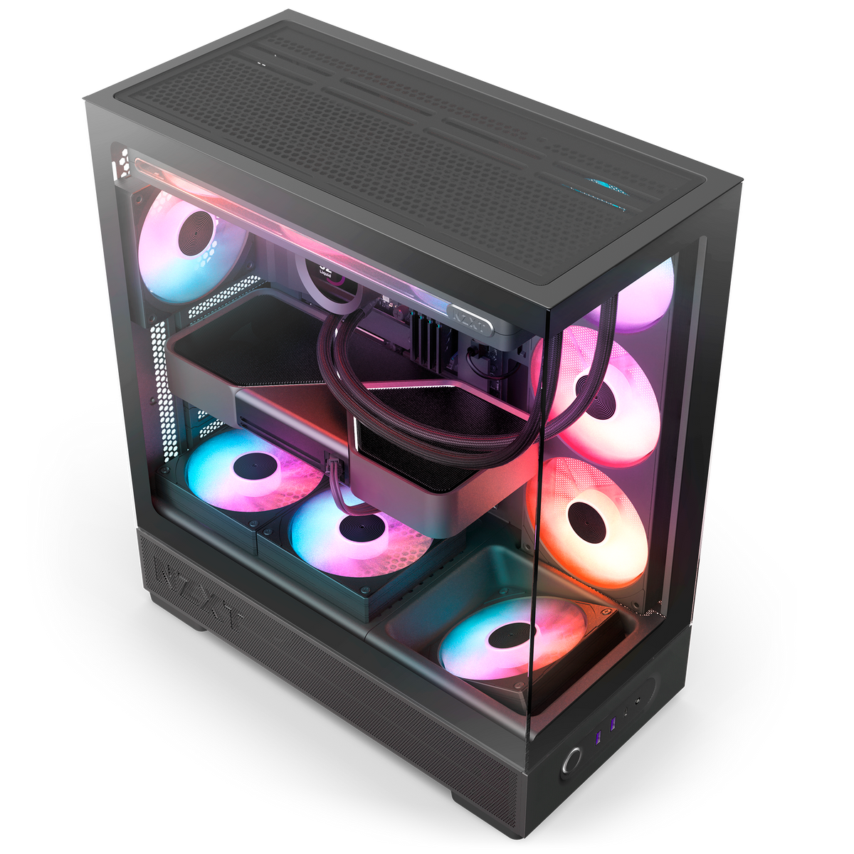 NZXT S5 RGB black, overhead view of a completed build, with an AIO cooler, graphics card and additional RGB fans installed behind the panoramic glass. Components other than the case and its 360 mm RGB reverse fan are sold separately.