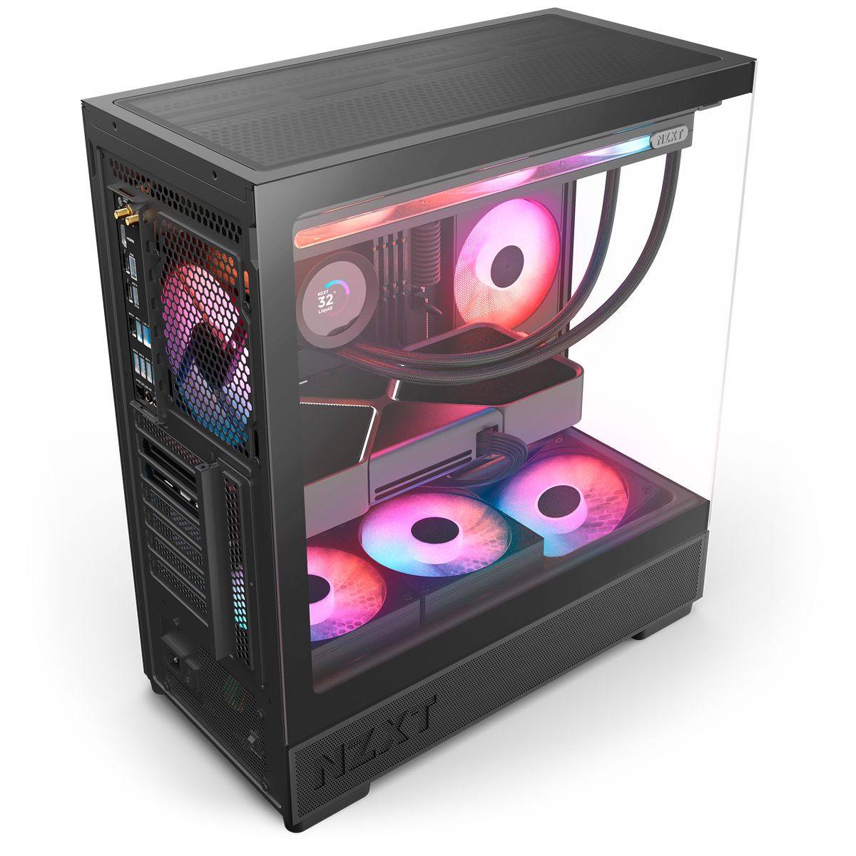 NZXT S5 RGB black, overhead rear view of a completed build, with an AIO cooler, graphics card and additional RGB fans installed. Components other than the case and its 360 mm RGB reverse fan are sold separately.