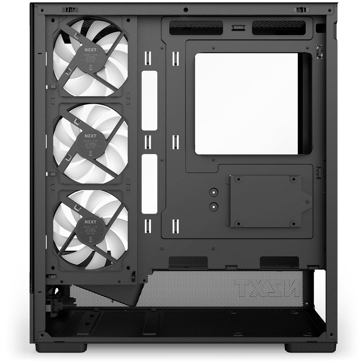 NZXT S5 RGB Deluxe black with the right panel removed, showing cable routing space behind the motherboard