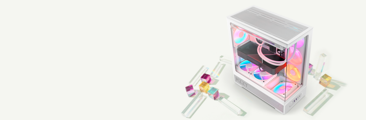 NZXT S5 RGB white mid-tower case with RGB fans on an off-white glass prism set — homepage hero, desktop