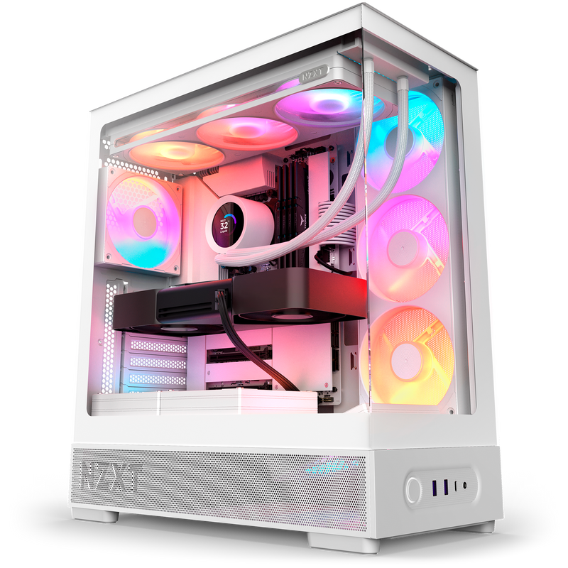 NZXT S5 RGB white shown in a completed build, with an AIO cooler, graphics card and additional RGB fans installed behind the panoramic glass. Components other than the case and its 360 mm RGB reverse fan are sold separately.
