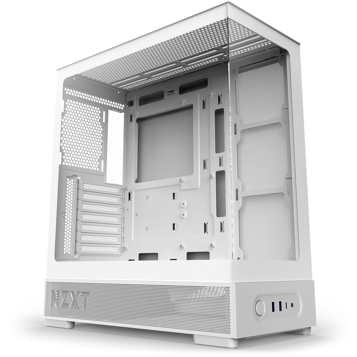 NZXT S5 RGB white, hero angle of the bare steel chassis and dual tempered glass