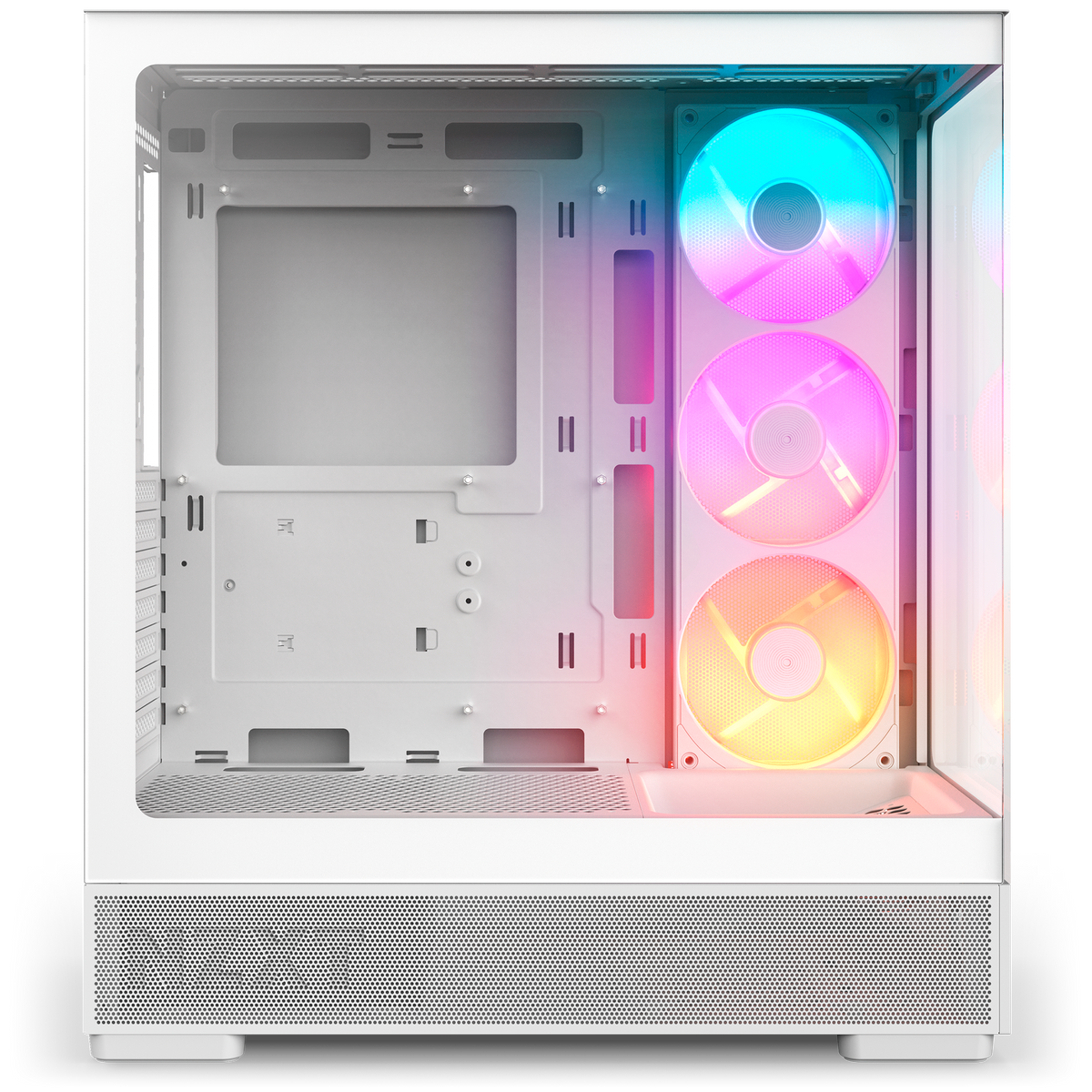 NZXT S5 RGB white, left side view with the 360 mm single-frame RGB reverse fan turned toward the glass