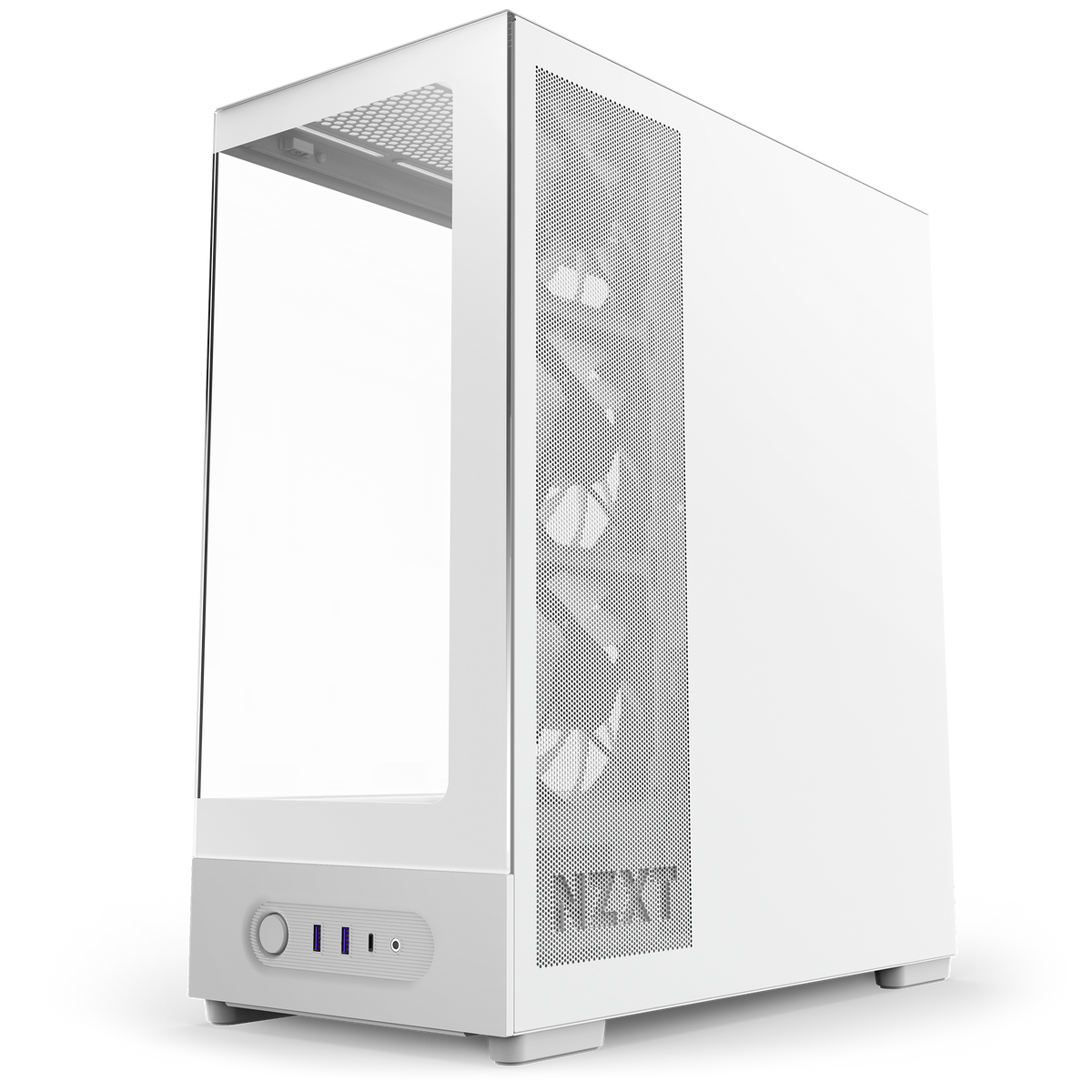 NZXT S5 RGB white, right side steel mesh panel feeding the side intake