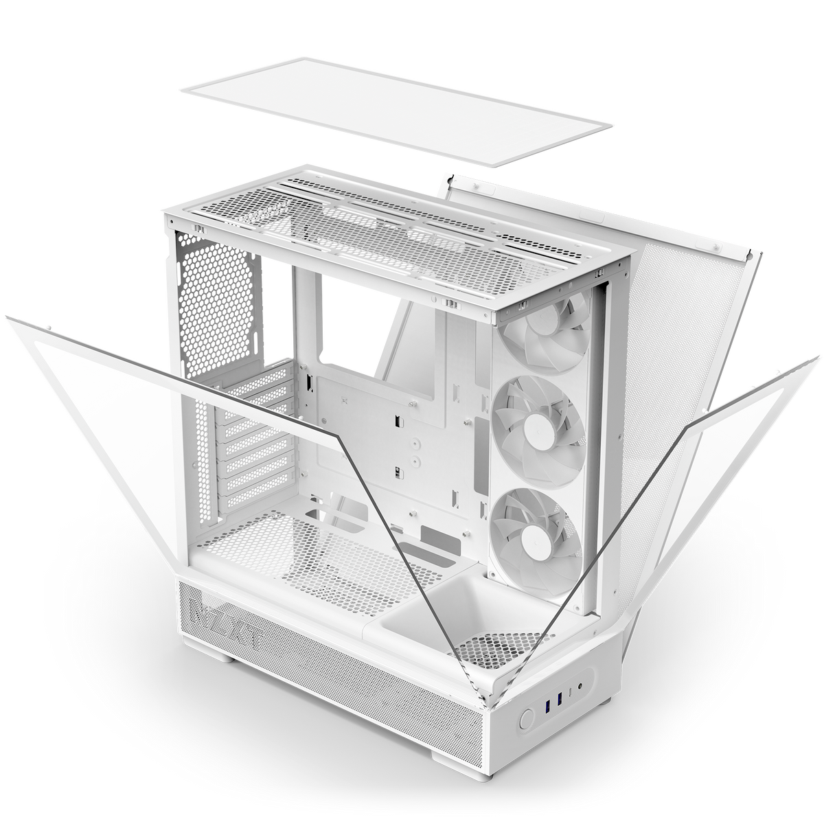 NZXT S5 RGB white, exploded view showing the steel chassis, glass panels and removable PVC mesh filters