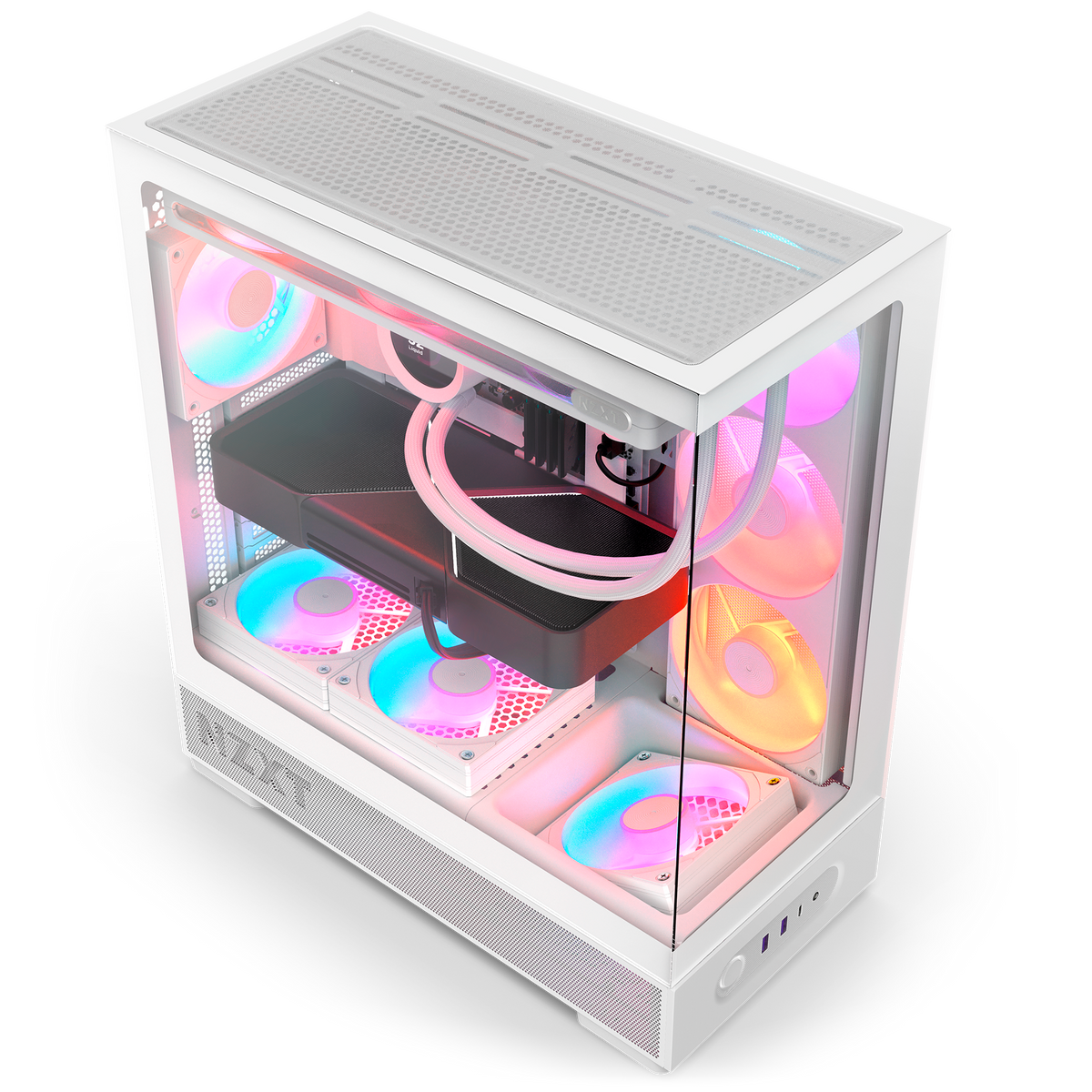 NZXT S5 RGB white, overhead view of a completed build, with an AIO cooler, graphics card and additional RGB fans installed behind the panoramic glass. Components other than the case and its 360 mm RGB reverse fan are sold separately.