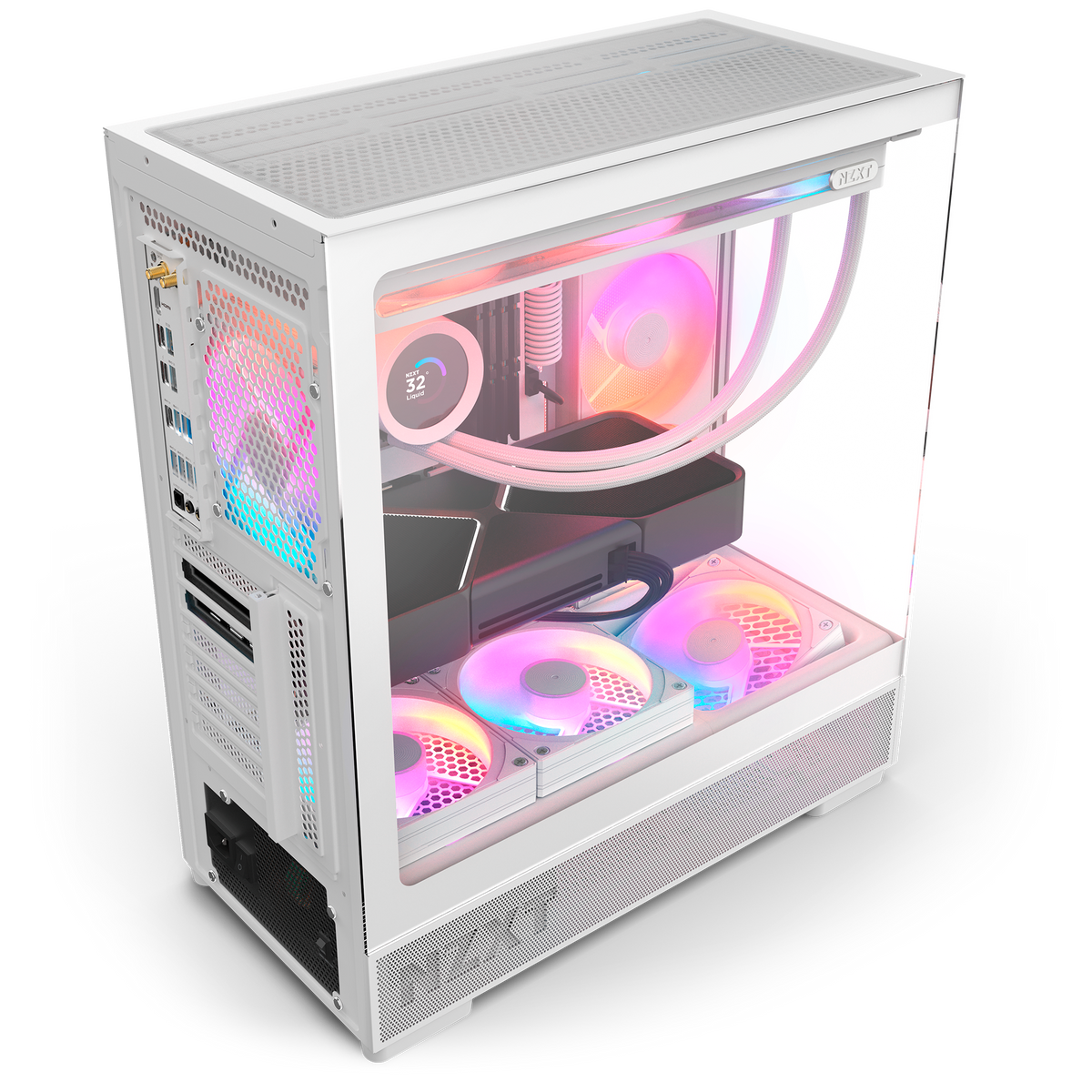 NZXT S5 RGB white, overhead rear view of a completed build, with an AIO cooler, graphics card and additional RGB fans installed. Components other than the case and its 360 mm RGB reverse fan are sold separately.