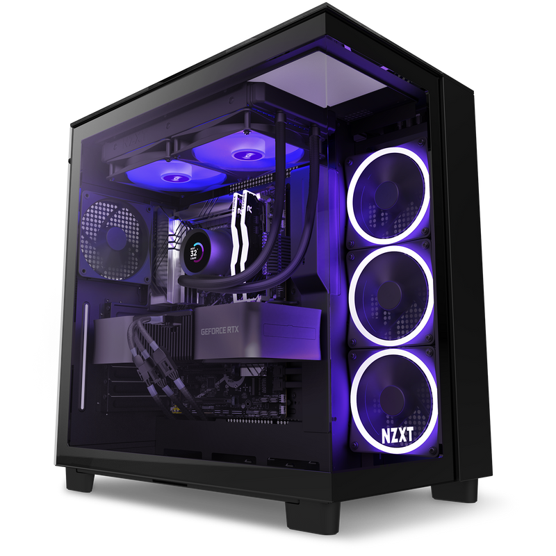 The Refurbished Player Three Prime - #8679 by NZXT is a black gaming PC with a transparent side panel, purple LED lighting, three front fans, liquid cooling, and a GeForce RTX GPU—part of our certified refurbished collection.