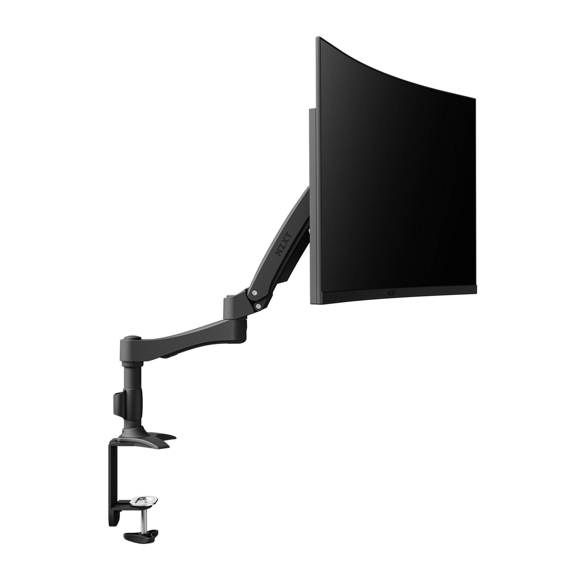 The NZXT Single Monitor Arm securely clamps to the desk edge, supporting a black curved computer monitor. Its flexible, adjustable design allows for easy height and position changes—perfect for streamlined cable management or dual monitor setups.