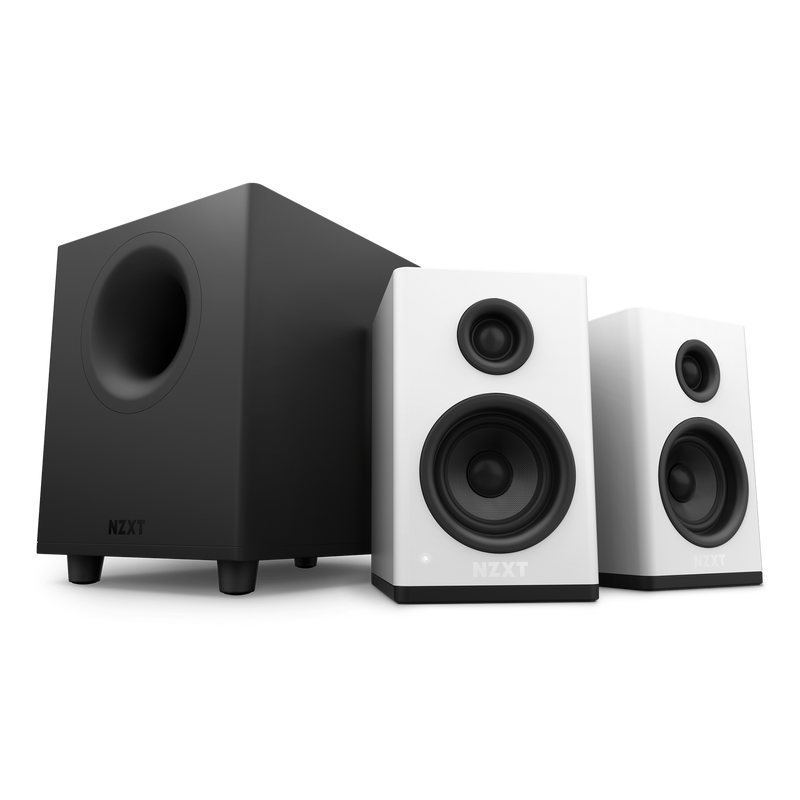 The NZXT Relay Speakers + Relay Subwoofer set, featuring white speakers with black cones and a black subwoofer, delivers immersive 140W sound when arranged side by side on any flat surface.