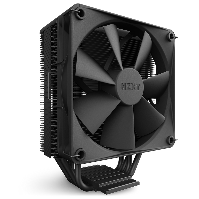 The NZXT T120 is a black CPU air cooler with a large central fan and heat sink fins, displaying NZXT branding. Photographed against a black background, it delivers excellent thermal performance.