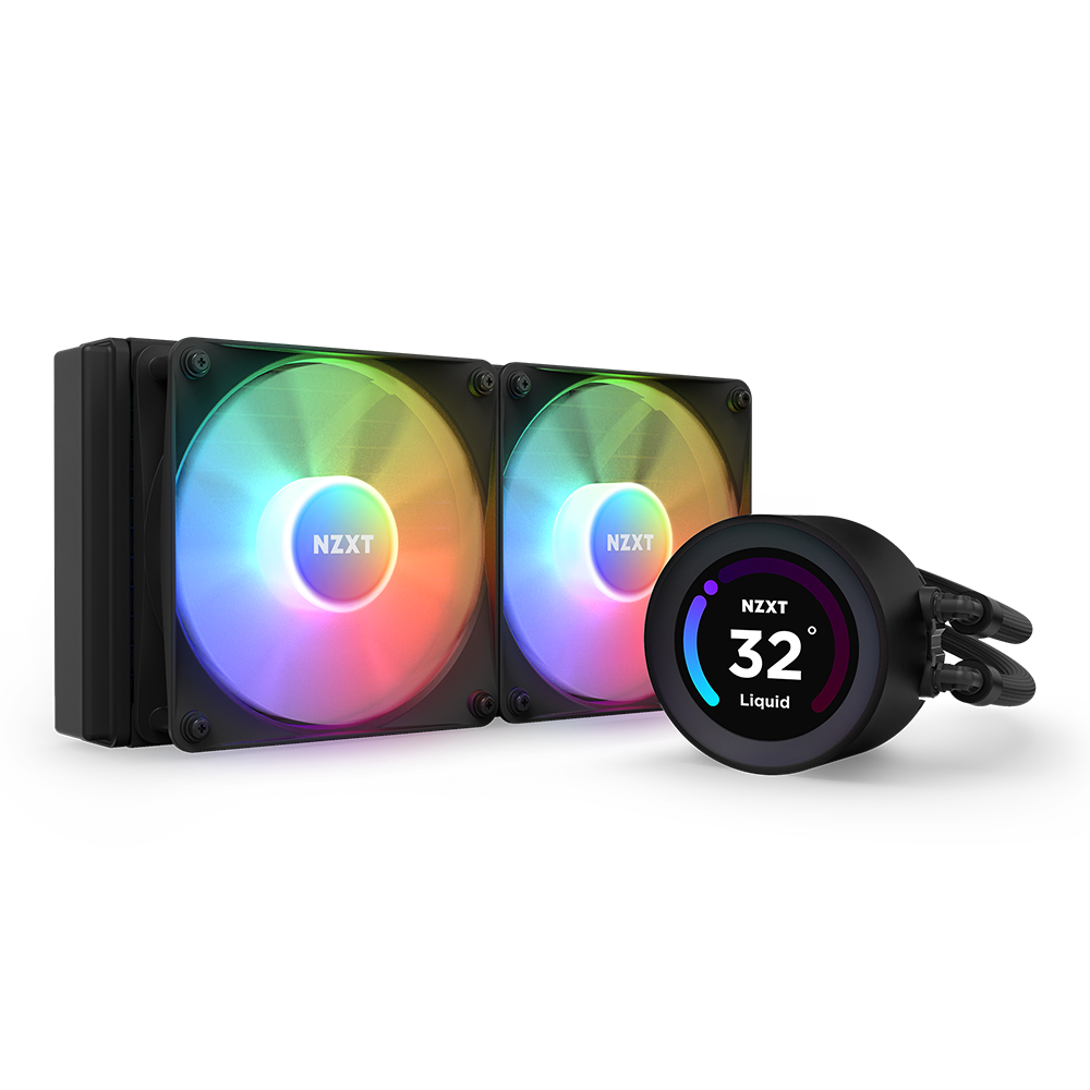 The NZXT Kraken Elite 240 RGB (2023) liquid CPU cooler features two RGB fans, a circular display showing 32° Liquid, black tubing, and a sleek, modern design.