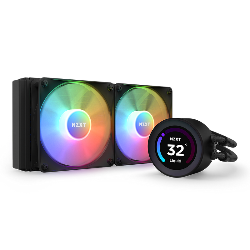 The NZXT Kraken Elite 240 RGB (2023) liquid CPU cooler features two RGB fans, a circular display showing 32° Liquid, black tubing, and a sleek, modern design.