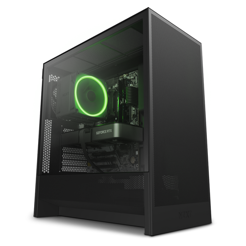 The NZXT Refurbished Player One Prime - # 8531 is a modern black gaming desktop with a transparent side panel, showcasing a GeForce RTX graphics card and green-lit cooling fan—certified refurbished for top performance at great value.