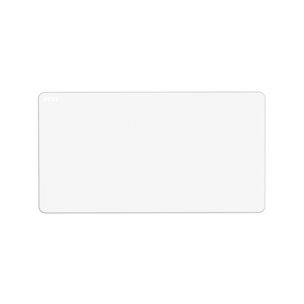 A blank, white rectangular Zone XL card by NZXT with rounded corners and a subtle shadow displays NEXT in small, light gray text at the top left and rests elegantly on a balanced micro-weave cloth.